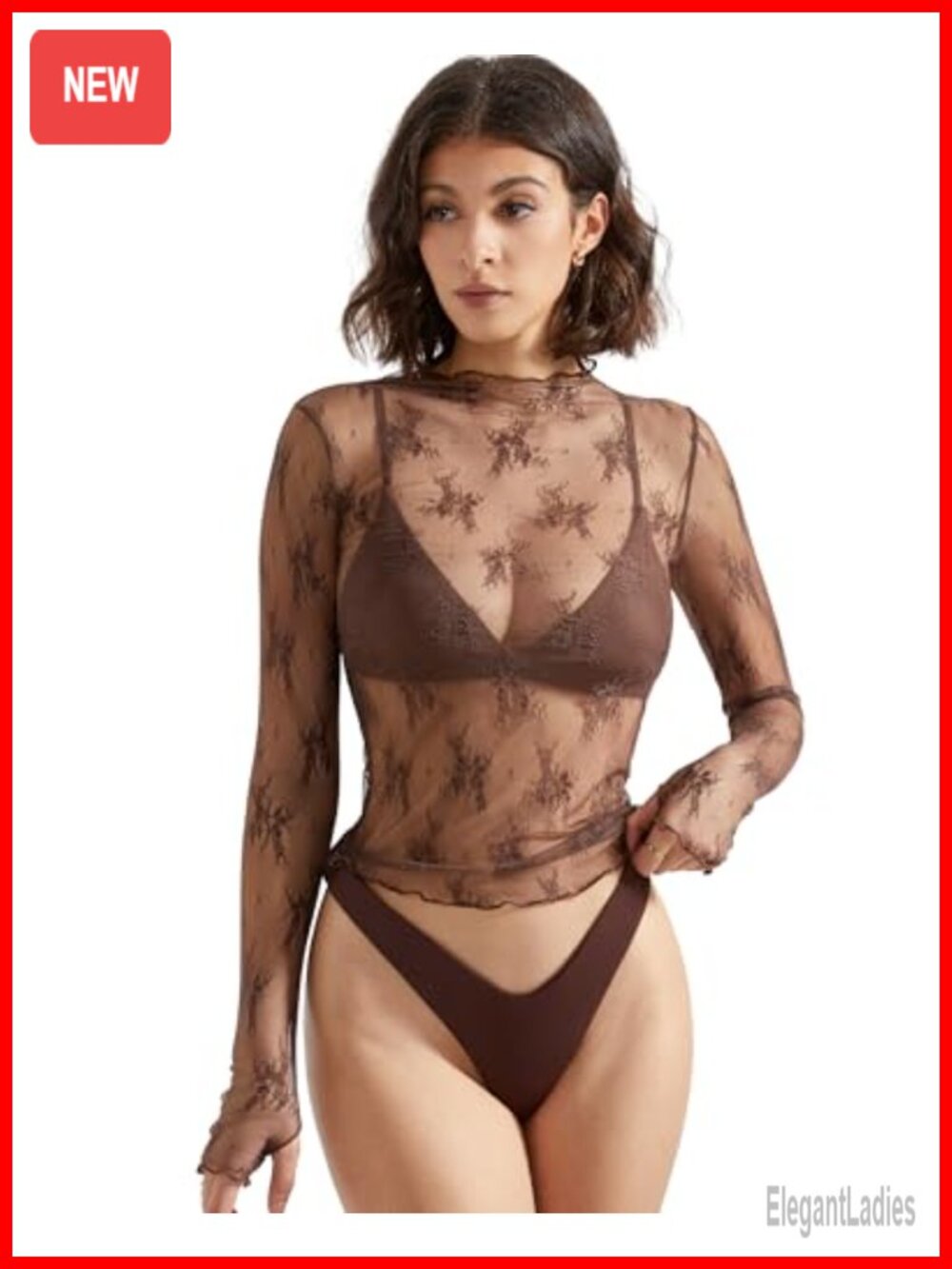 Mesh Sheer Long Sleeve Mock Neck Lace Blouse Top